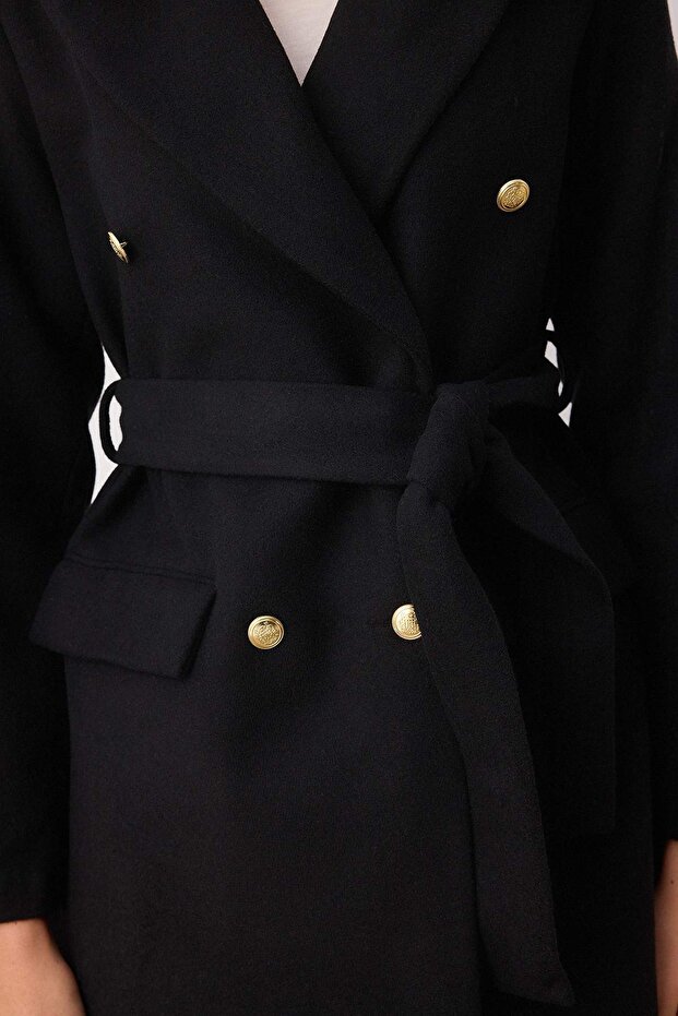 Fekete arany gomb részletes duplasoros testhezálló Midi kabát TWOAW26KB00017 - 6