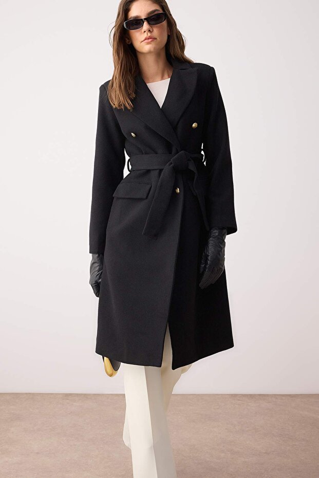 Fekete arany gomb részletes duplasoros testhezálló Midi kabát TWOAW26KB00017 - 4