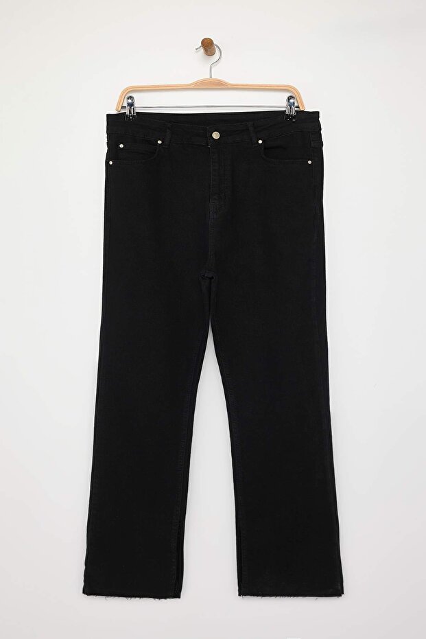 Siyah Yüksek Bel Yırtmaç Detaylı Flare Fit Büyük Beden Jeans TBBAW26CJ00000 - 5