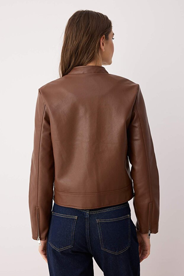 Koyu Kahverengi Fitted Kalıp Suni Deri Biker İnce Ceket Mont TWOAW26MO00085 - 4