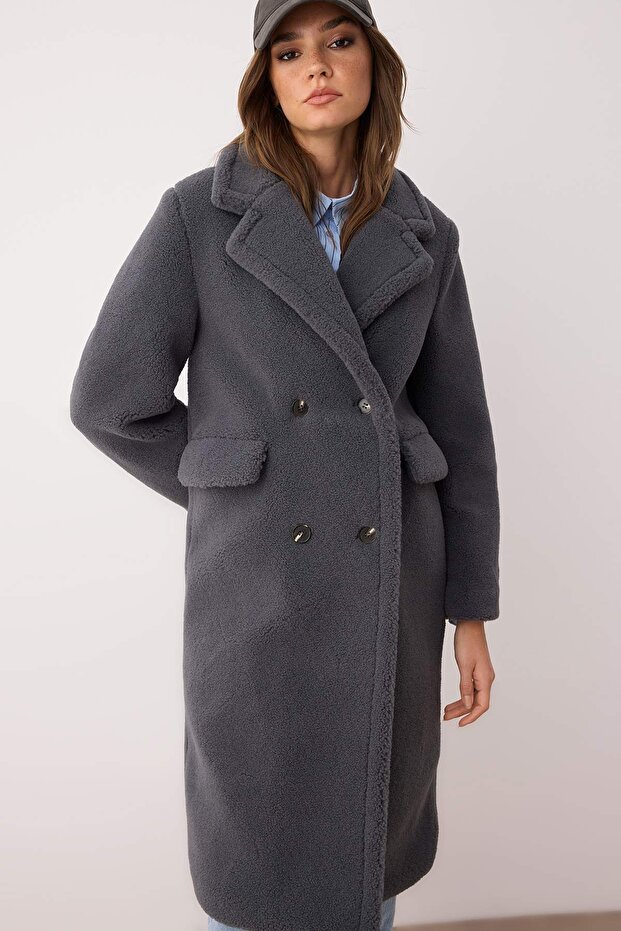 Antracit szőrme duplasoros, normál hosszúságú plüsskabát TWOAW26KB00020 - 5