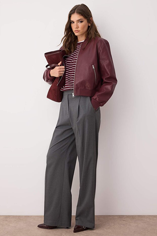 Bordo Regular Kalıp Suni Deri Bomber İnce Ceket Mont TWOAW26MO00084 - 2