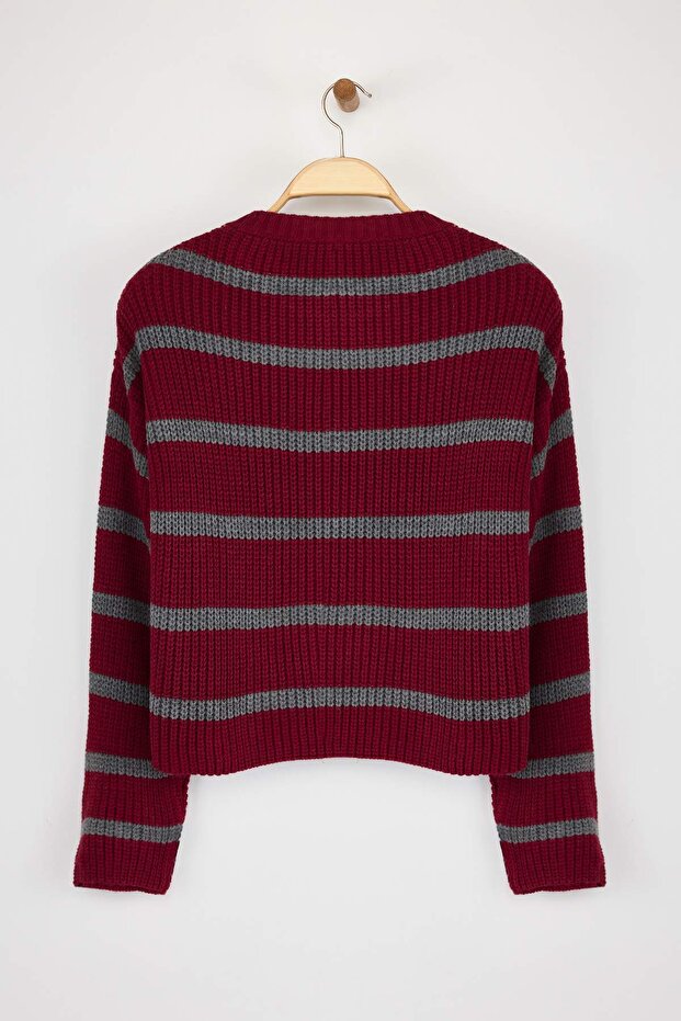 Bordo Crop Basic Geniş Kalıp Çizgili Triko Kazak TWOAW23KZ00390 - 6