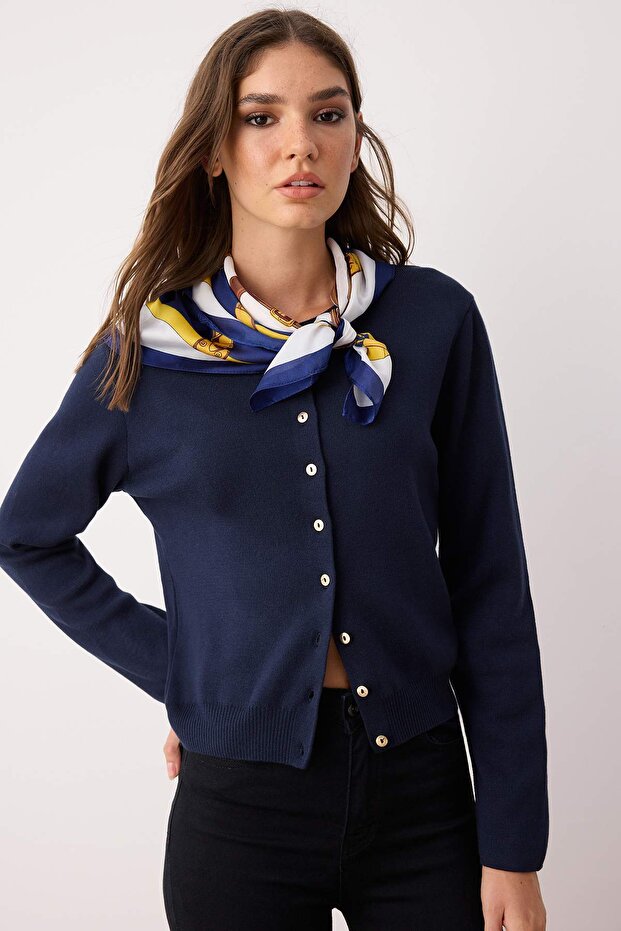 Wardrobe Essentials Lacivert Düğme Detaylı Pamuklu Basic Triko Hırka | TWOAW26HI00001 - 1