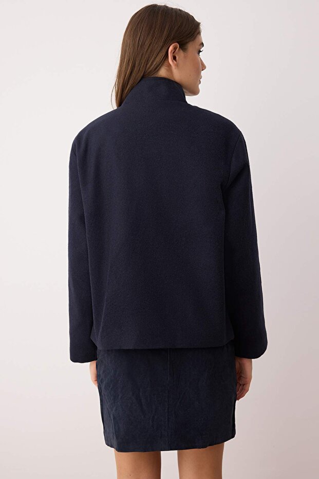 Trendyolmilla Základní Kousek Šatníku Námořnická Modrá Oversize Kašmírová Bomber Tenčí Bunda Kabáty TWOAW26MO00128 - 4