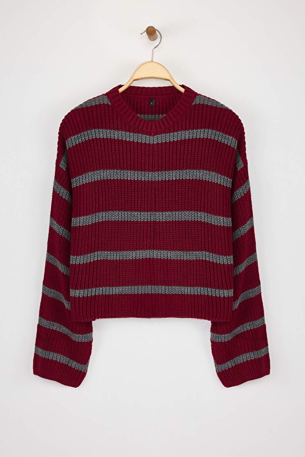 Bordo Crop Basic Geniş Kalıp Çizgili Triko Kazak TWOAW23KZ00390 - 5