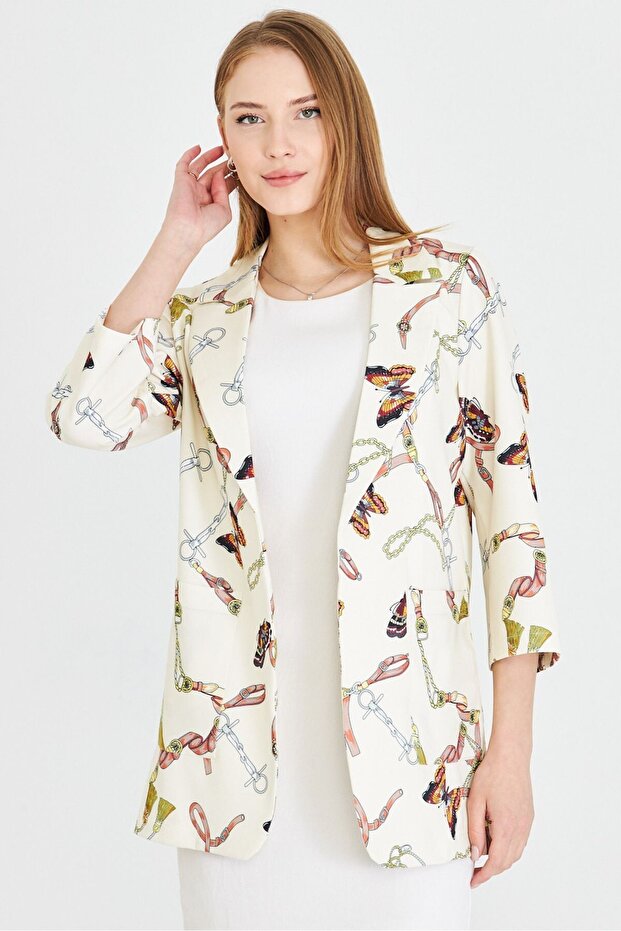 Women's Ecru Oversize Jacket with Pockets Arm-25Y 001057