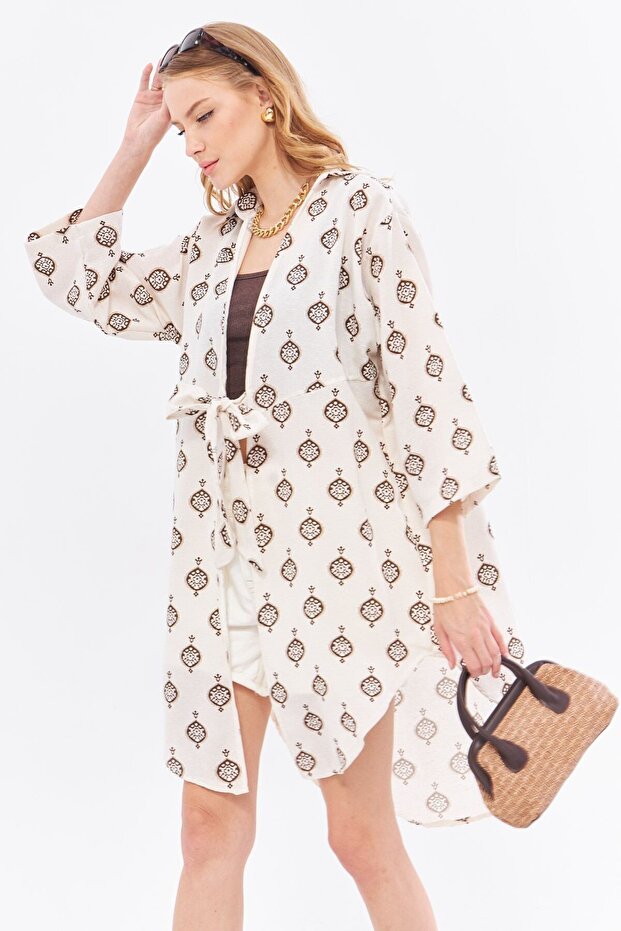 Linen Patterned Brown Midi Kimono Shirt - Front Tie, ARM-24Y001096