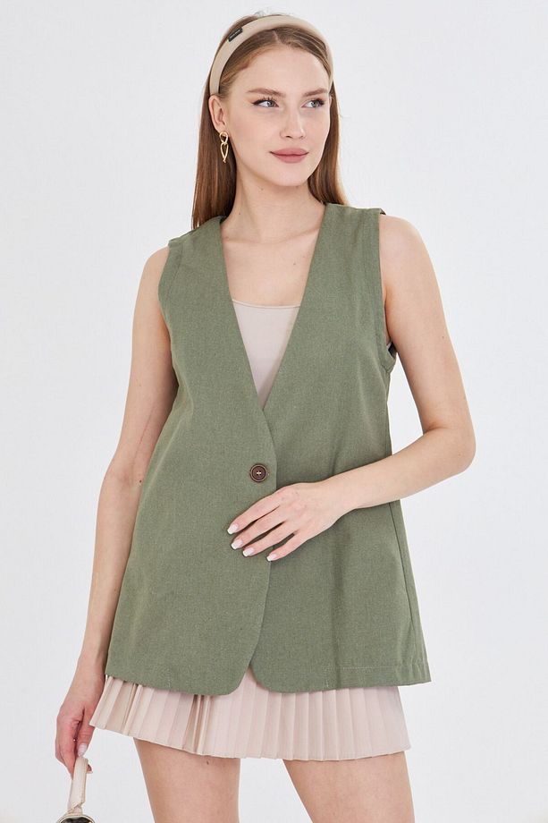 Kadın Haki V Yaka Tek Düğme Oversize Yelek ARM-25Y001036 - 4