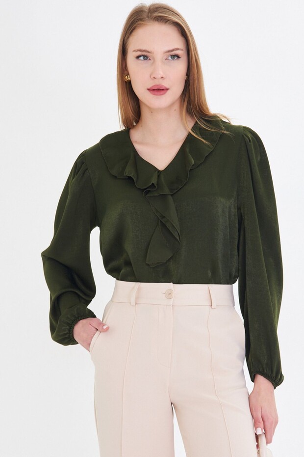 Women's Khaki Collar Frilled Shoulder Gathered Sleeve Elastic Cotton Satin Blouse ARM-22K001059