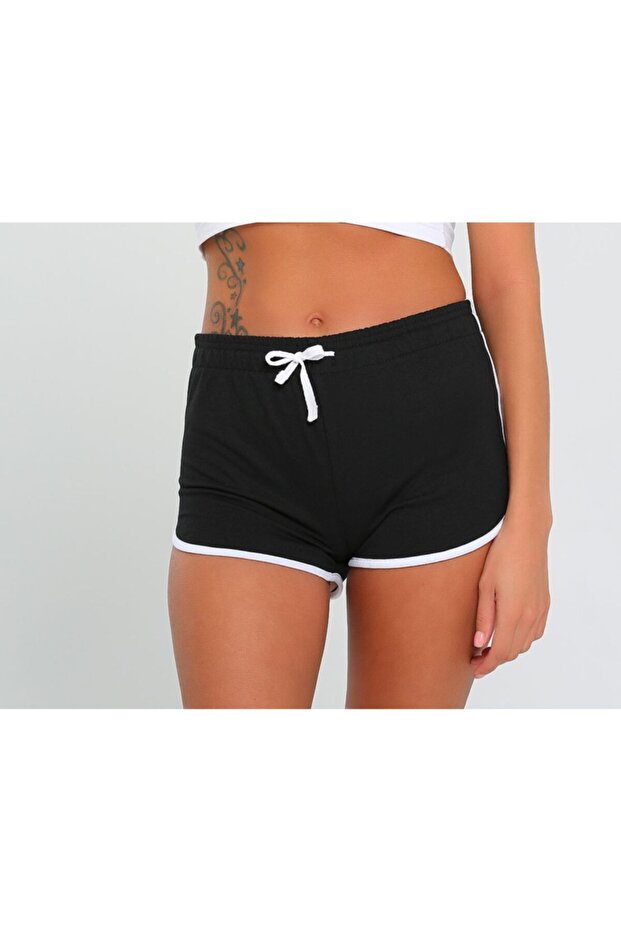 Kadın Siyah Şeritli Penye Şort - 2