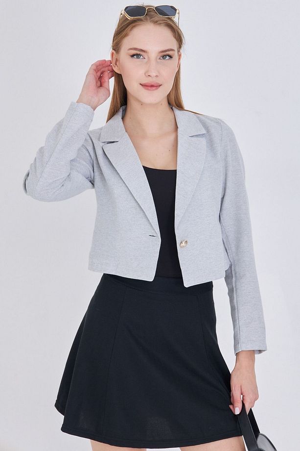 Kadın Gri Tek Düğmeli Crop Ceket ARM-23Y001064 - 1