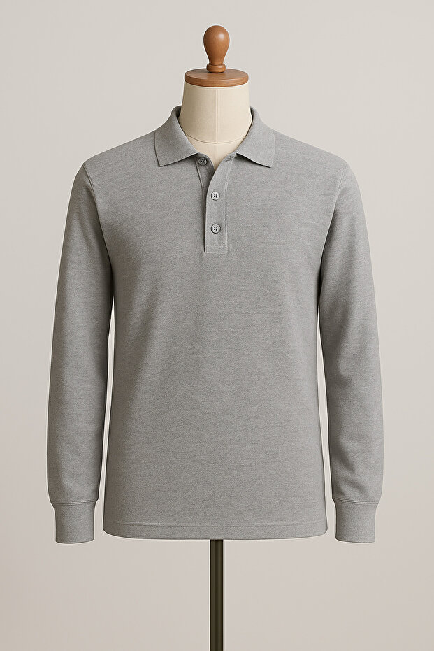 Unisex Collar Long Sleeve Gray T-shirt