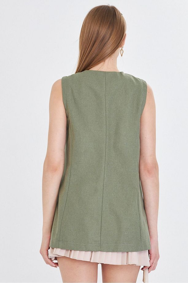 Kadın Haki V Yaka Tek Düğme Oversize Yelek ARM-25Y001036 - 5