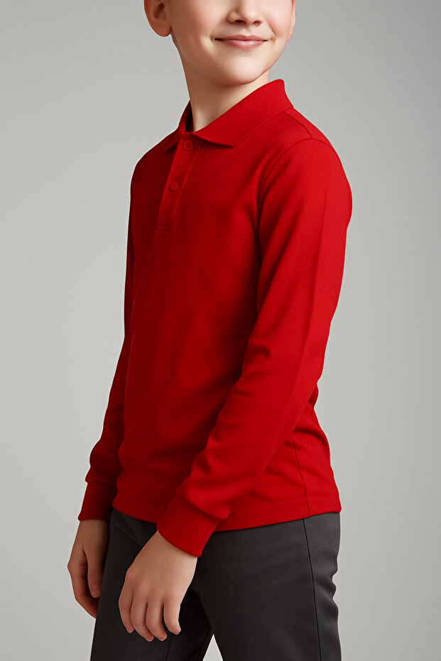 Unisex Polo Neck Long Sleeve Red T-shirt