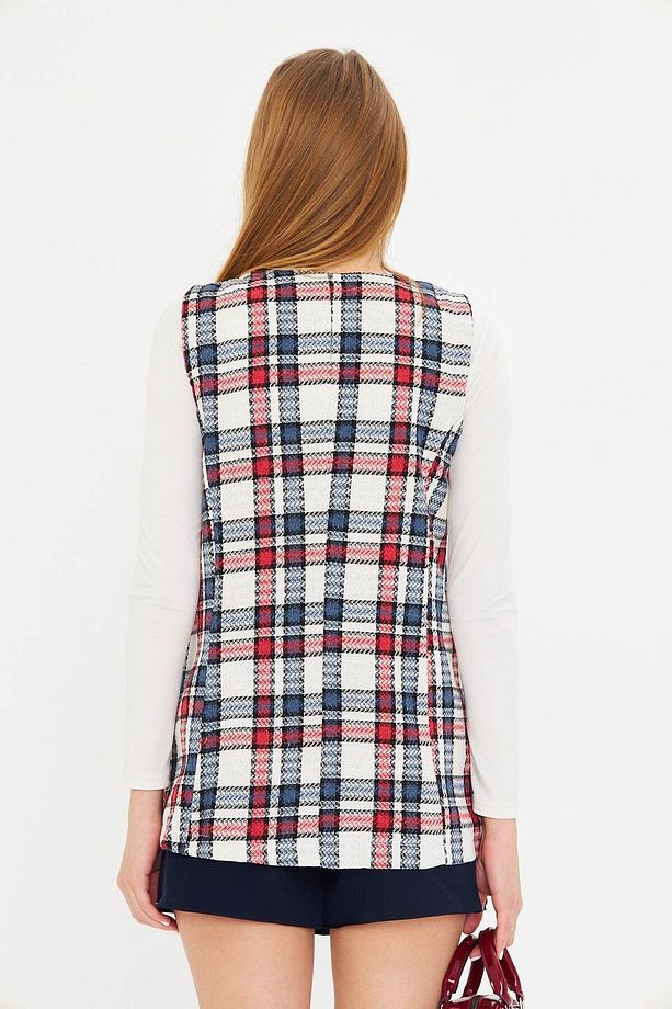 Kadın Kırmızı V Yaka Tek Düğmeli Oversize Ekoseli Yelek ARM-25K001111 - 5