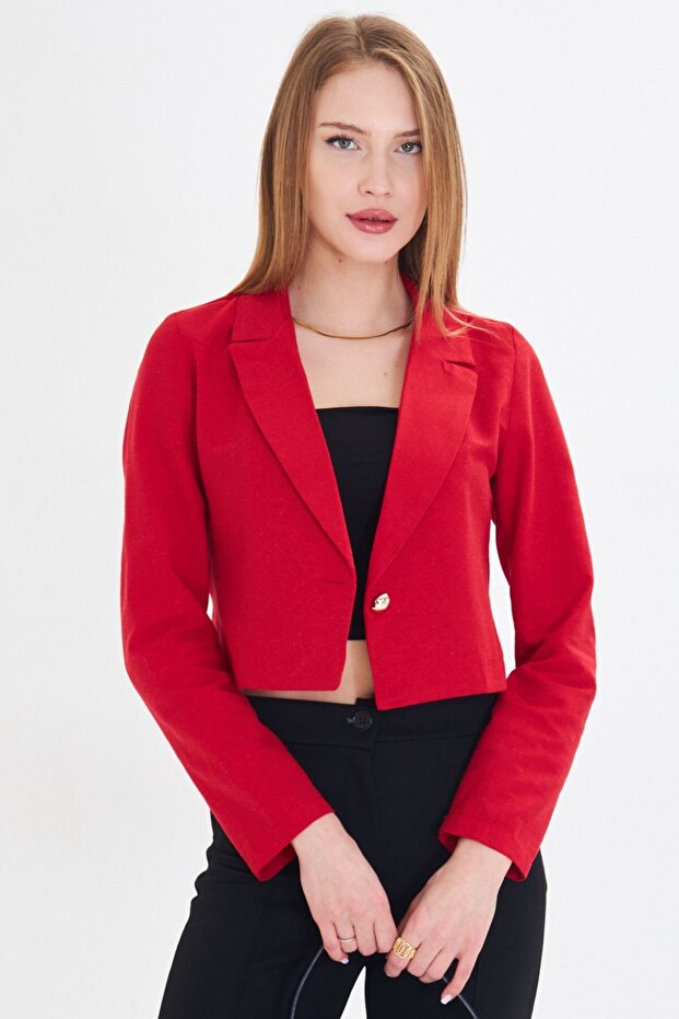 Kadın Kırmızı Tek Düğmeli Crop Ceket ARM-23Y001064 - 1