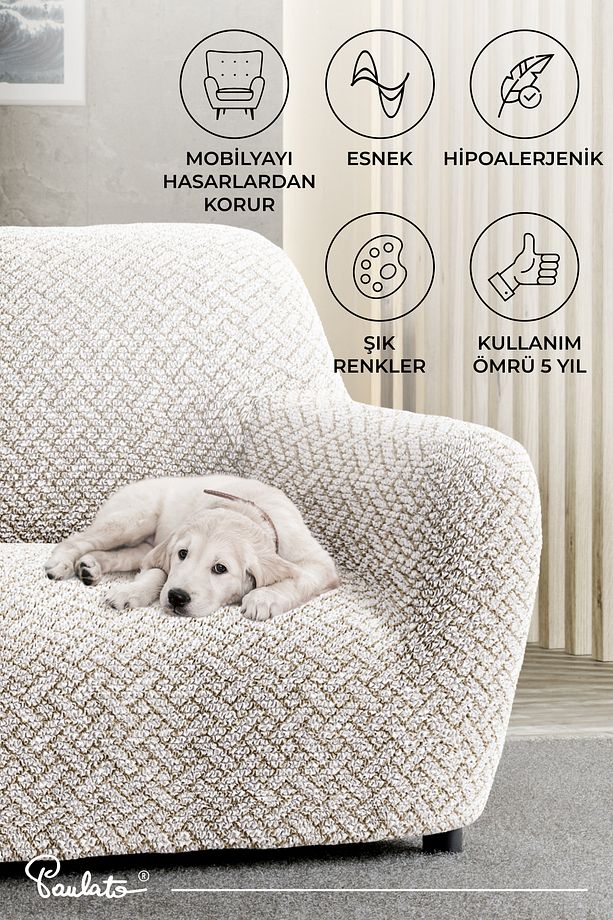 Lastikli Esnek ve Yıkanabilir Tek Kişilik Koltuk Örtüsü Koltuk Kılıfı - Desenli Bej - 7