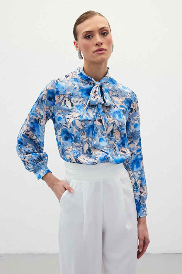 Patterned Scarf Collar Shirt - Blue