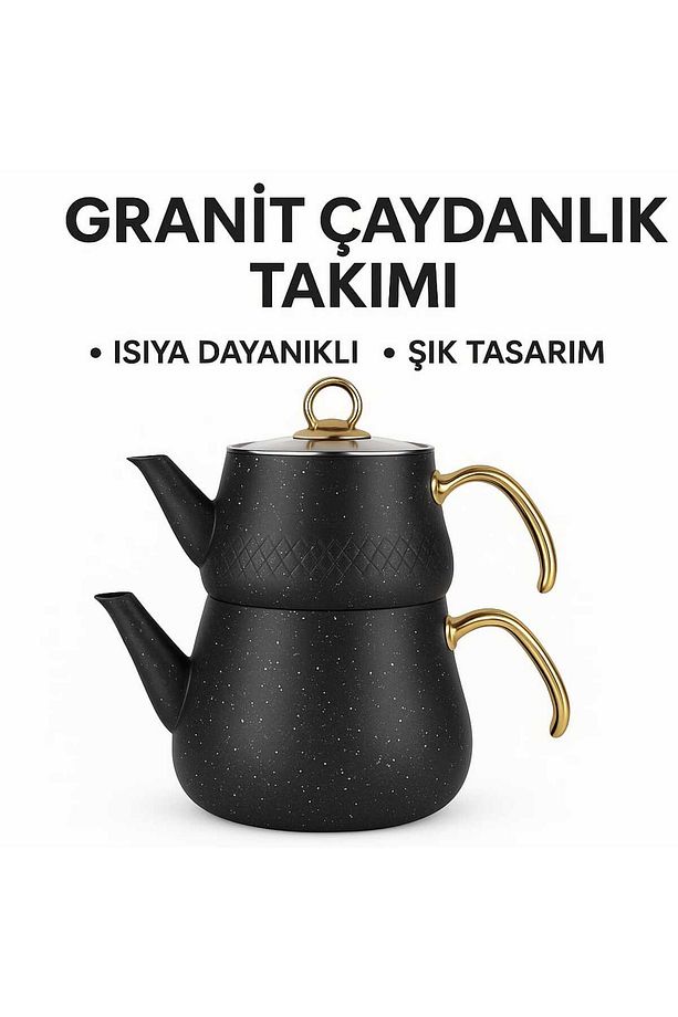 Granit Kaplama Gold Kulplu Cam Kapak Çaydanlık Siyah - 6