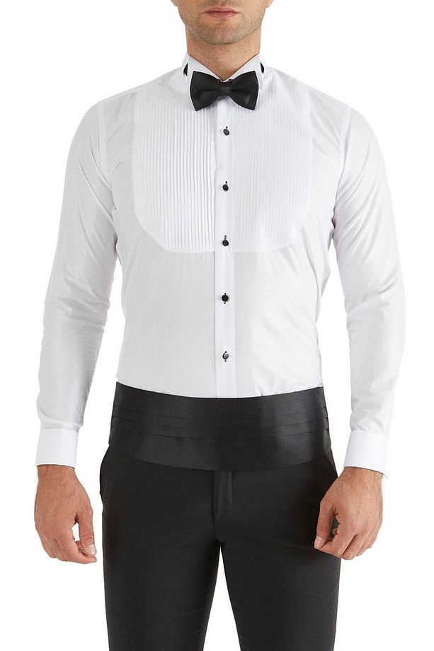 Gk 361 Slim Fit Duble Manşet Önü Piliseli Ata Yaka Beyaz Damatlık Smokin Gömlek - 1