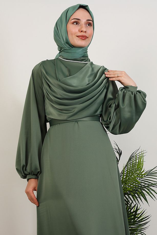 Kuyruklu Degaje Elbise Soft Yeşil - 5