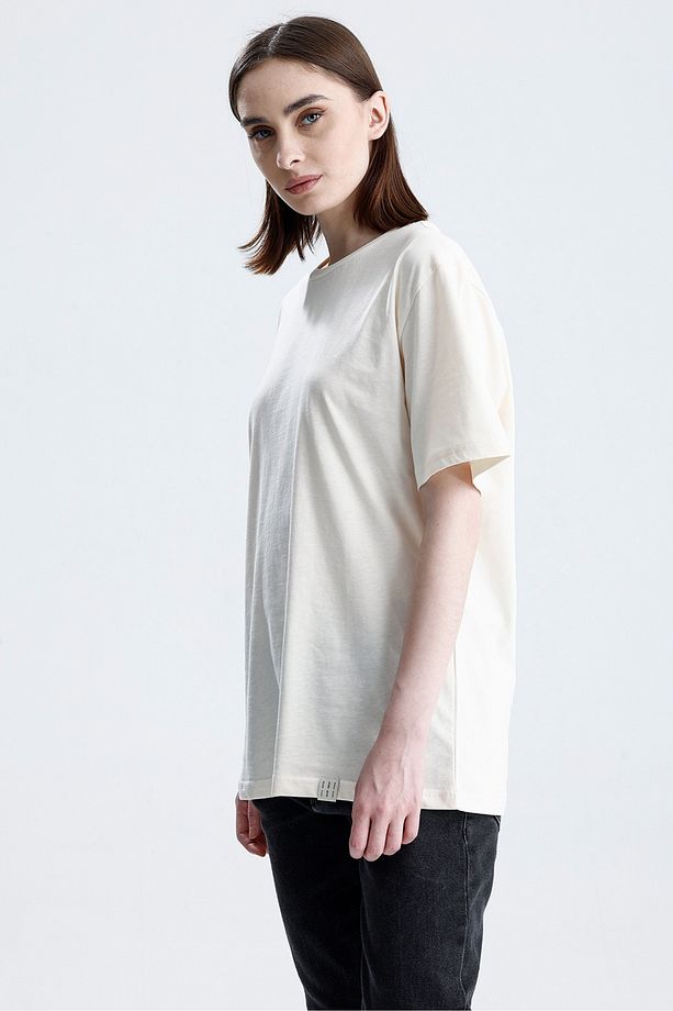 Ekru Loose Fit Unisex T-Shirt %100 Pamuk Bisiklet Yaka Düz Renk - 8