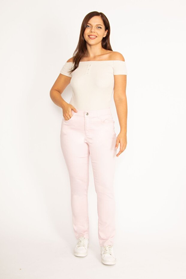 Women's Large Size Pink Lycra Gabardine Fabric Side Belt Elastic 5 Pocket Trousers 65n34542