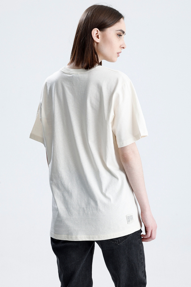 Ekru Loose Fit Unisex T-Shirt %100 Pamuk Bisiklet Yaka Düz Renk - 5