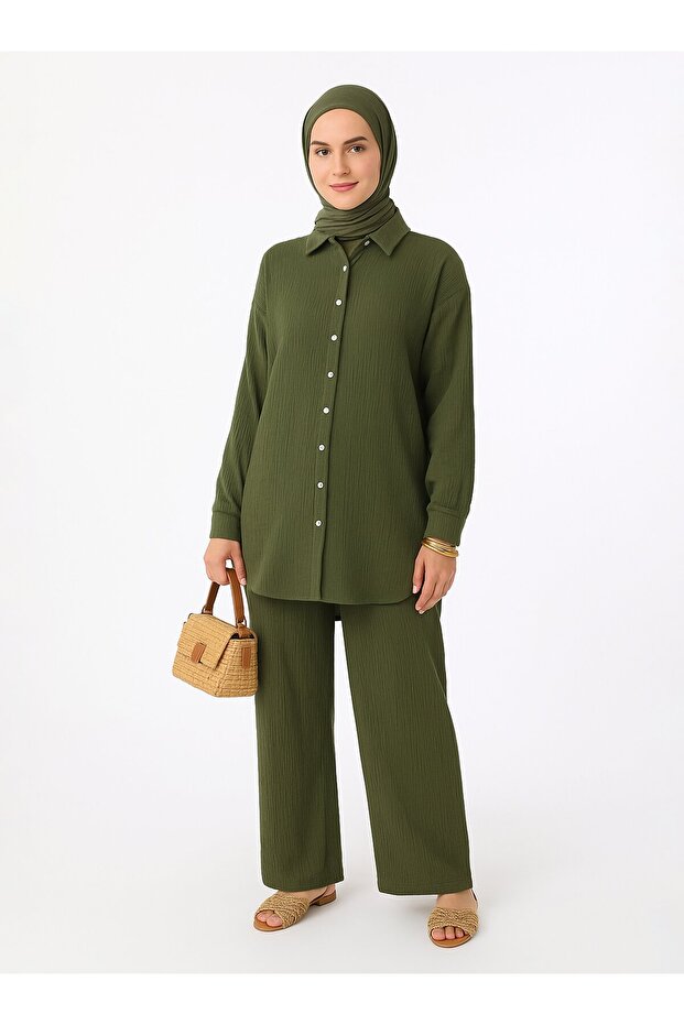Cotton Muslin Fabric Buttoned Blouse / Shirt - Khaki -