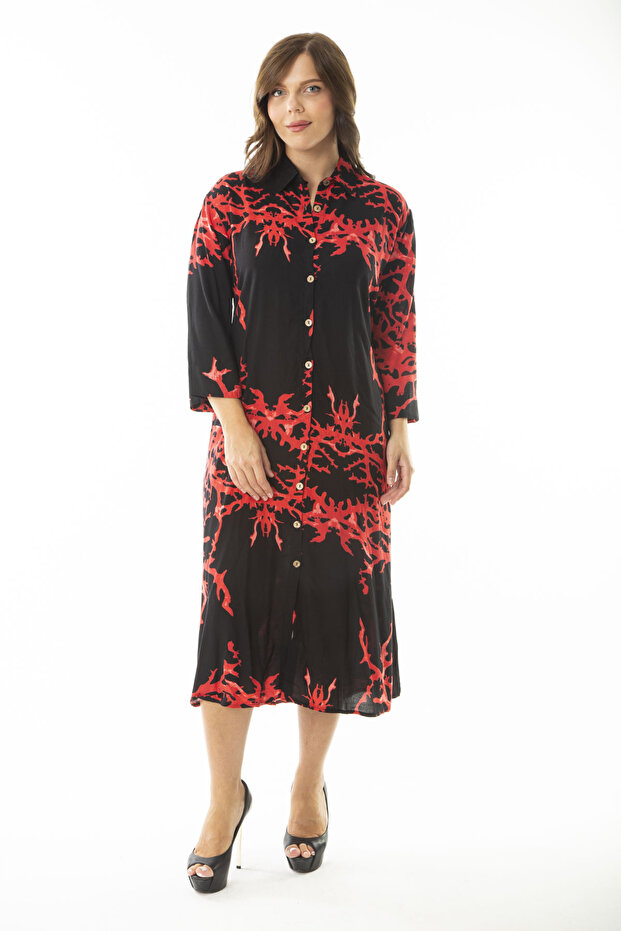 Women's Large Size Red Woven Viscose Fabric Front Buttoned Long Sleeve Dress 65N36887