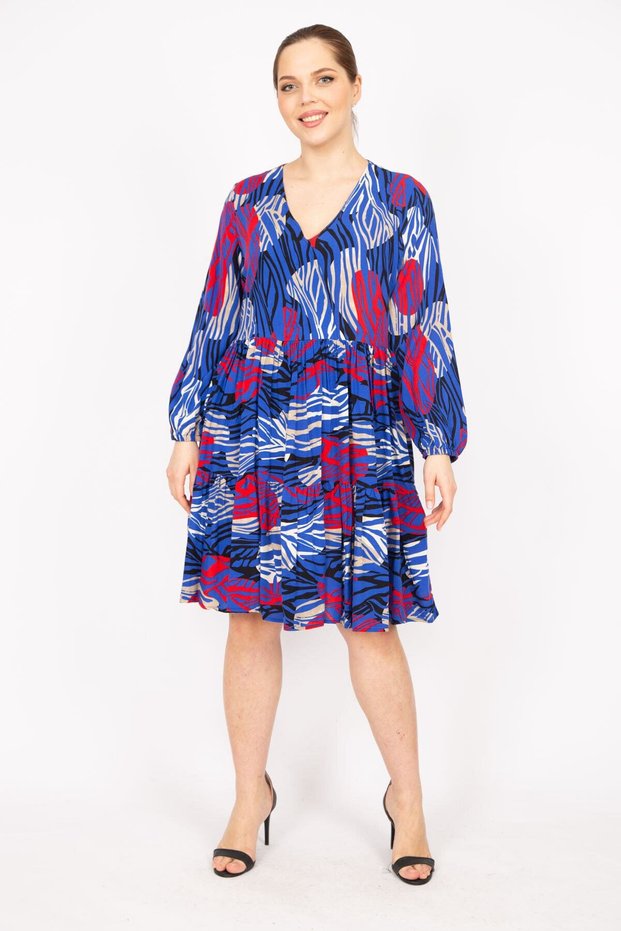 Women's Cobalt Blue Large Size Woven Viscose Fabric V-neck Layered Dress 65n35833
