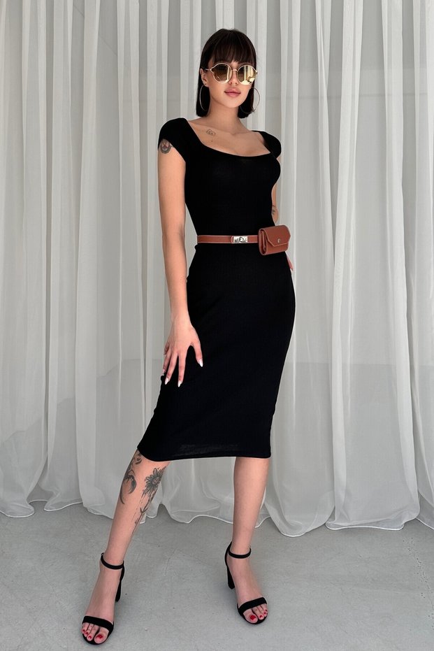 3-Piece Set Including Waist Bag and Belt Midi Length Pencil Dress