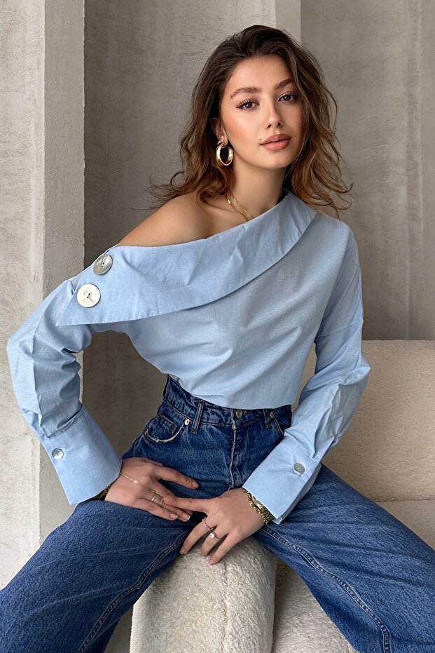 Pearl Button Detail Cross-Neck Design Shirt