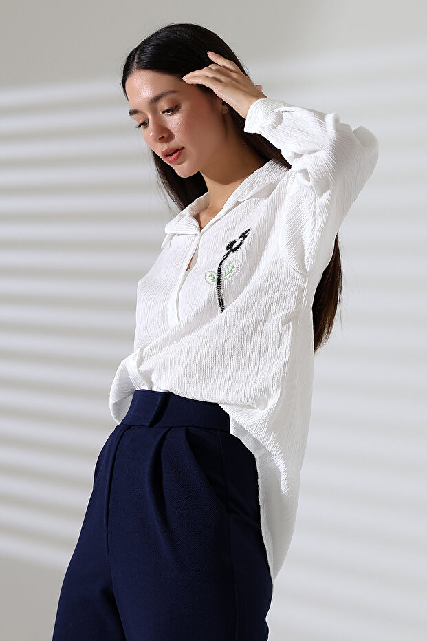 Kadın Tesettür Beyaz Oversize Basic Gömlek - 5