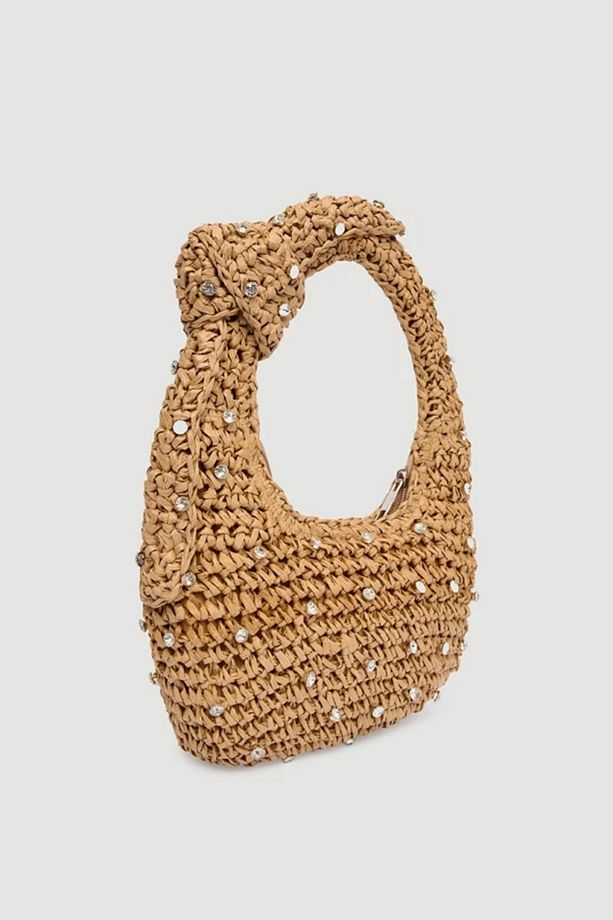Taş Detaylı El Örgüsü Camel Hasır Çanta 18x24 Cm - 4