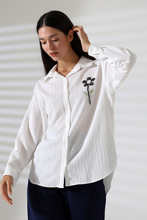 Kadın Tesettür Beyaz Oversize Basic Gömlek - 4