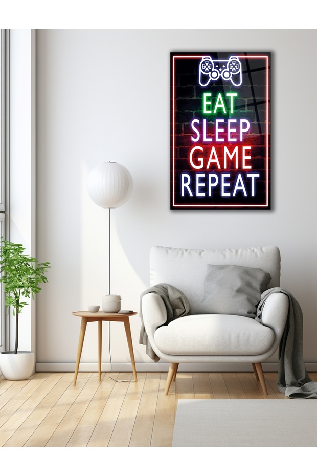 Eat Sleep Game Repeat Neon Görünümlü Cam Tablo - 5