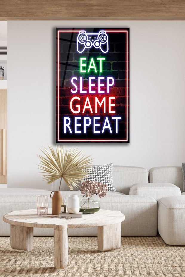Eat Sleep Game Repeat Neon Görünümlü Cam Tablo - 2