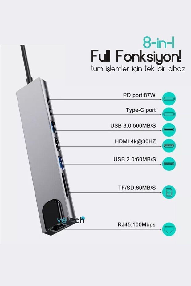 Macbook Pro Air Uyumlu Usb Type-c 8 Hub Dönüştürücü Çevirici Çoklayıcı Usb Hdmı Micro Sd 8in1 - 8