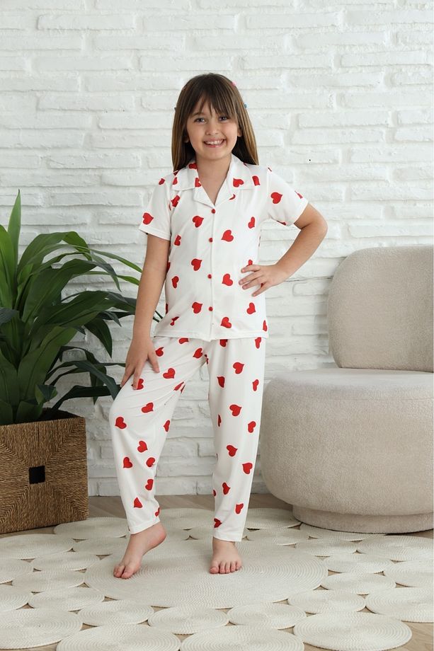 Kız Çocuk Pamuklu Kalp Desenli Düğmeli Kısa Kollu Yazlık Pijama Takımı - 1