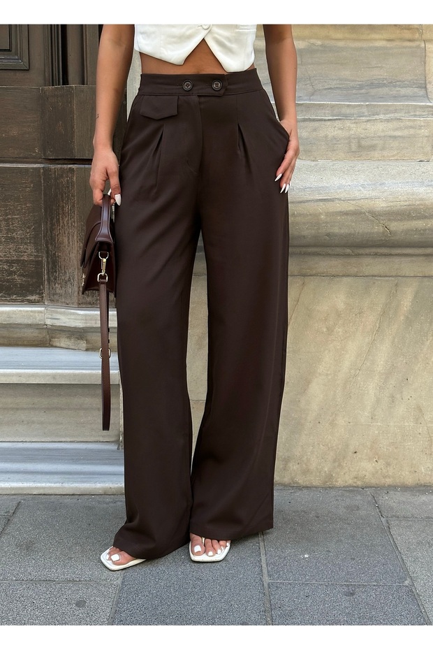 High Waist Linen Look Palazzo Trousers