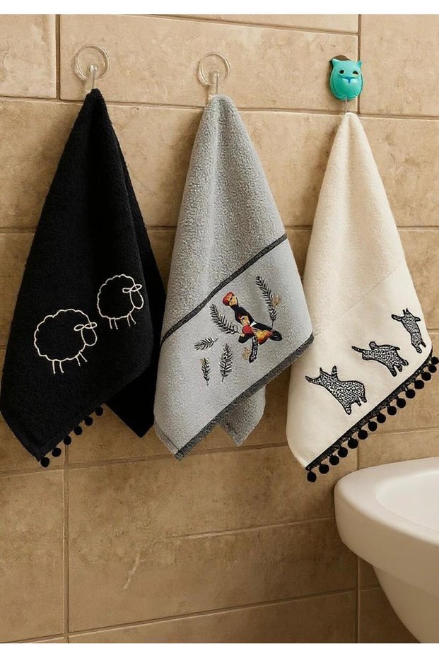 Afiri Loom. | 3-Piece Tassel and Jacquard 100% Cotton African, Sheep and Cats Embroidered Hand-Face Towel