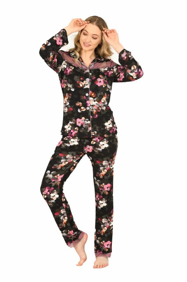 Kadın Viskon Önü Düğmeli Desenli Kışlık Pijama Takımı 3903 - 1 Adet - 6
