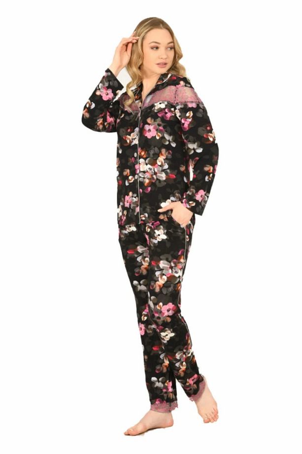 Kadın Viskon Önü Düğmeli Desenli Kışlık Pijama Takımı 3903 - 1 Adet - 4