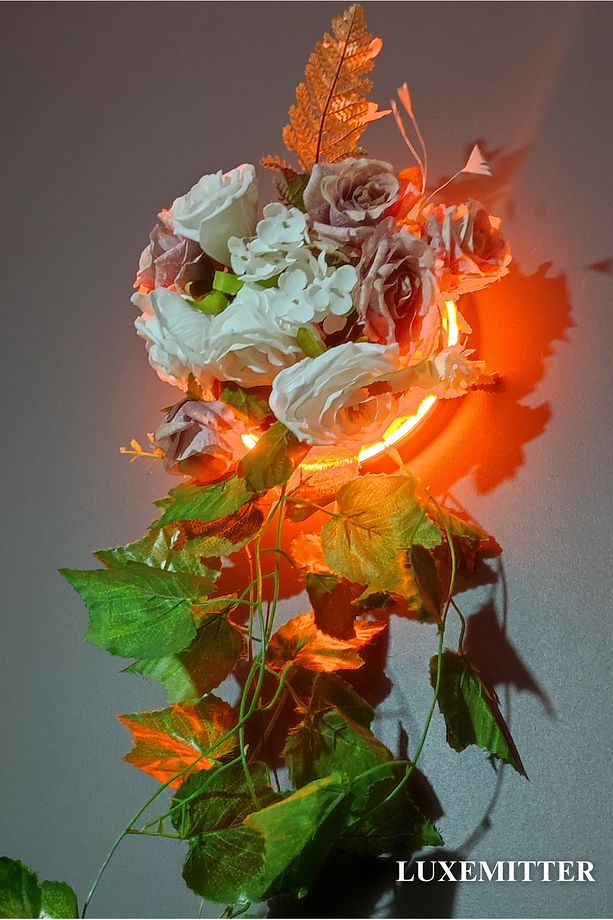 Neon Led Işıklı Dekoratif Duvar Saksısı Yapay Çiçek Vazosu Yuvarlak Iç Mekan Bitki Aydınlatma Süsü - 8
