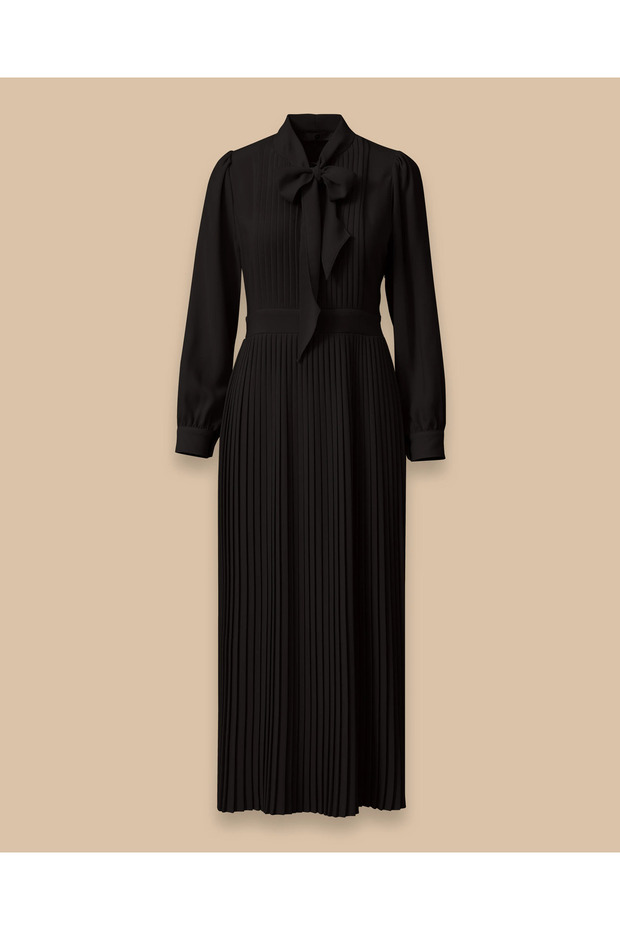 Fular Yakalı Pliseli Elbise - 5