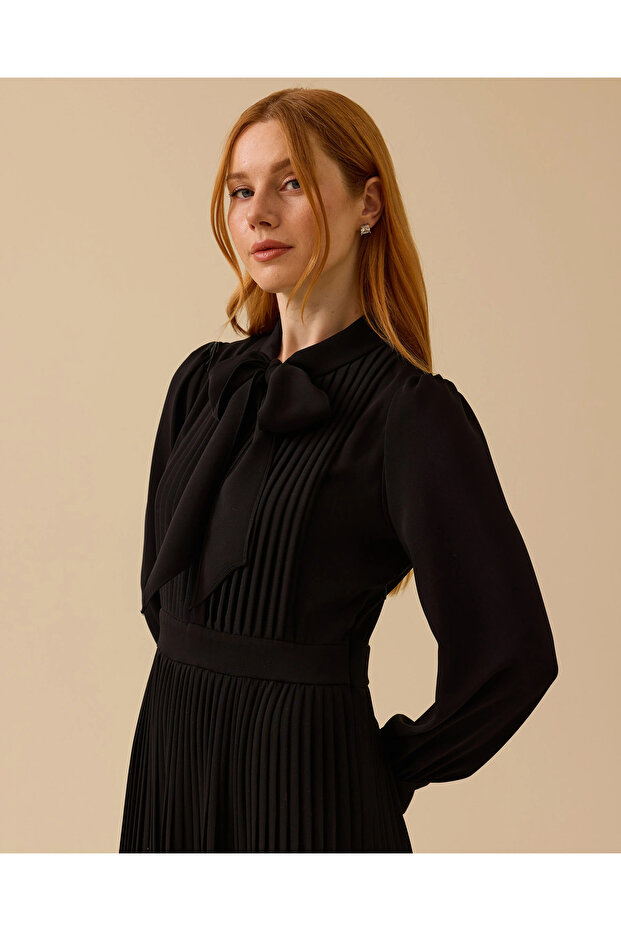 Fular Yakalı Pliseli Elbise - 2