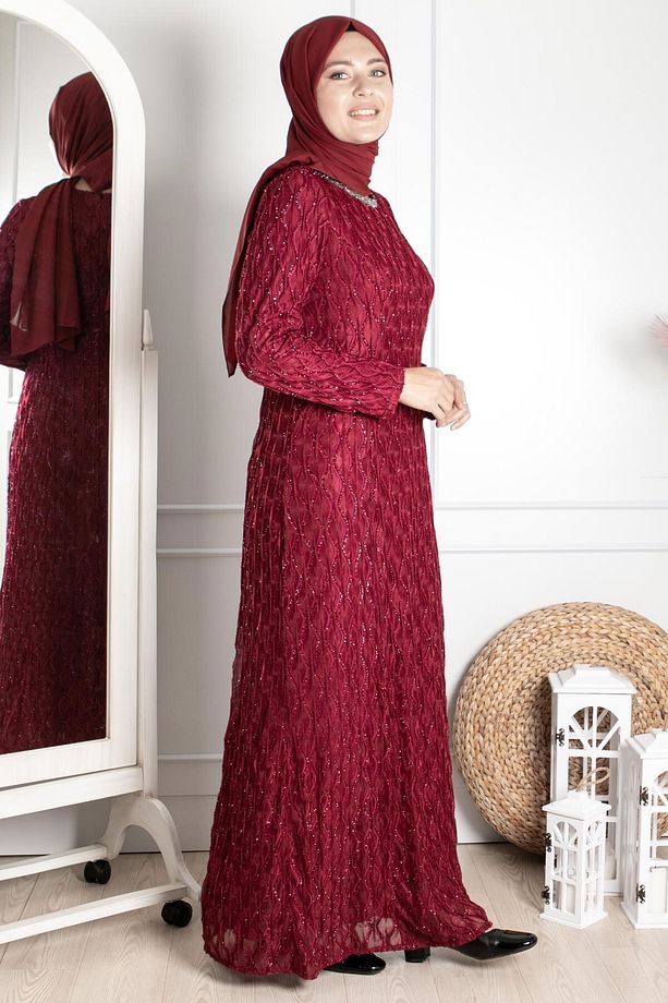 Taş Işleme Detaylı Simli Abiye Bordo Mda2232 - 7