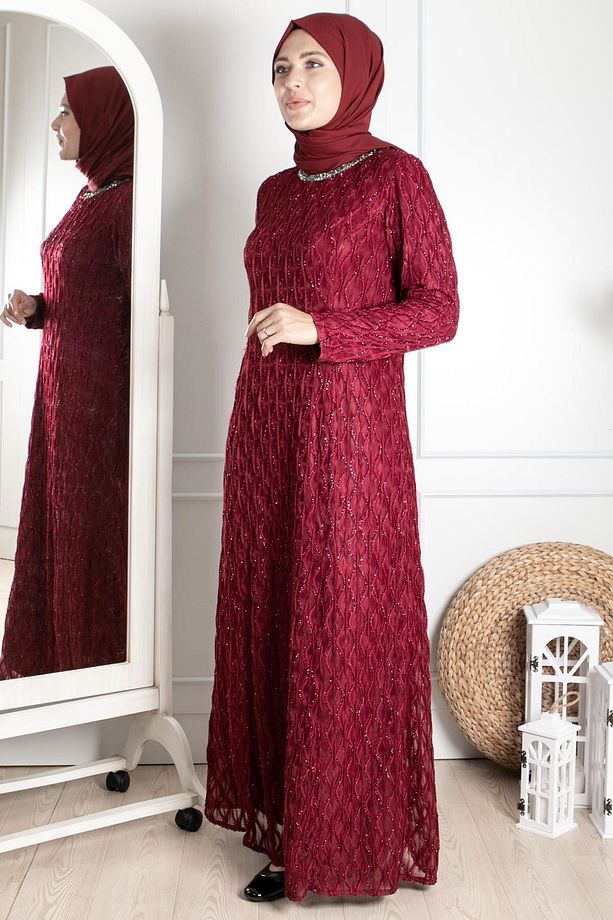 Taş Işleme Detaylı Simli Abiye Bordo Mda2232 - 8